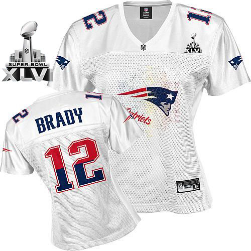 Patriots #12 Tom Brady White 2011 Women's Fem Fan Super Bowl XLVI Stitched NFL Jersey - Click Image to Close
